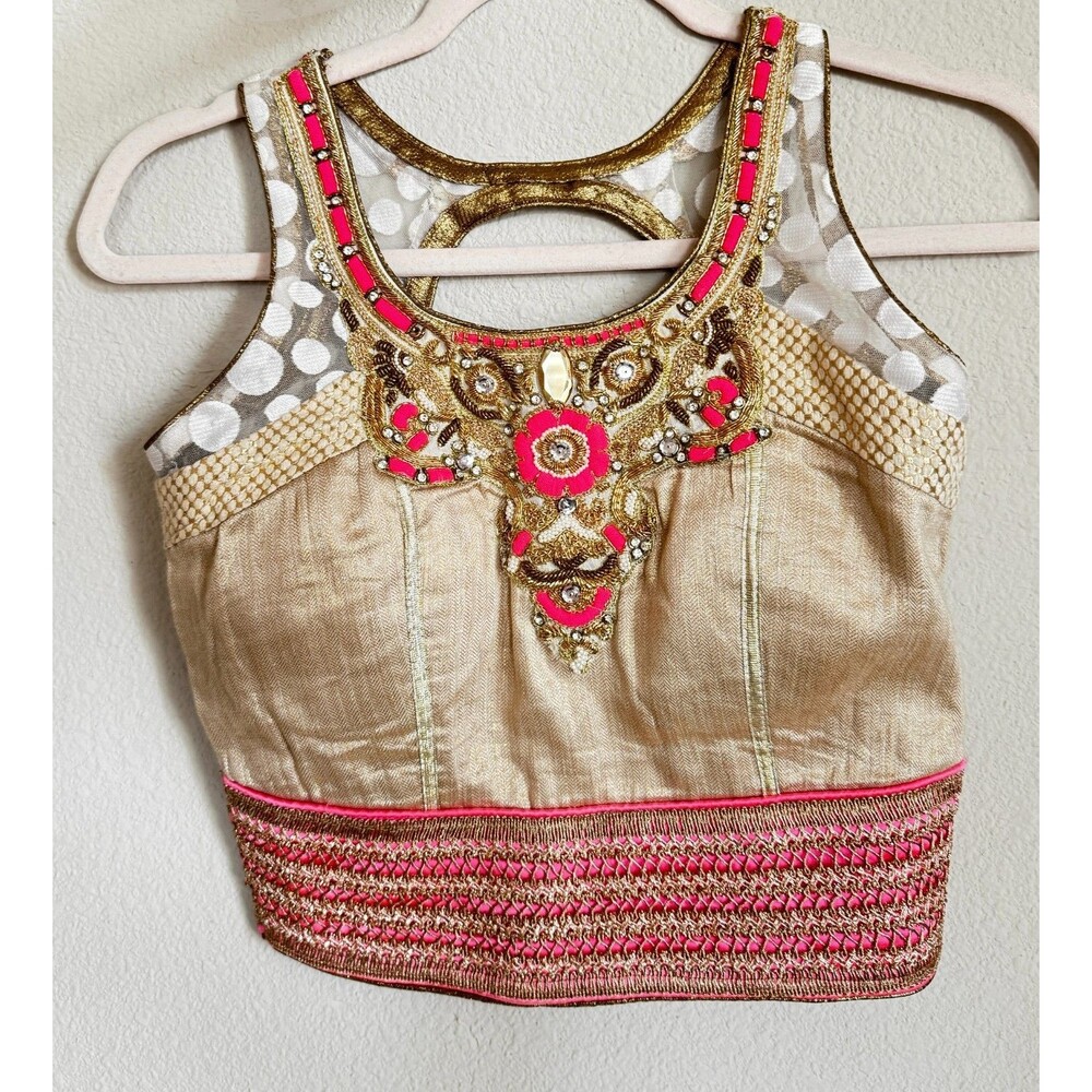 Karishma Indian Choli Blouse Gold Pink Beaded Embroidered Festival Top